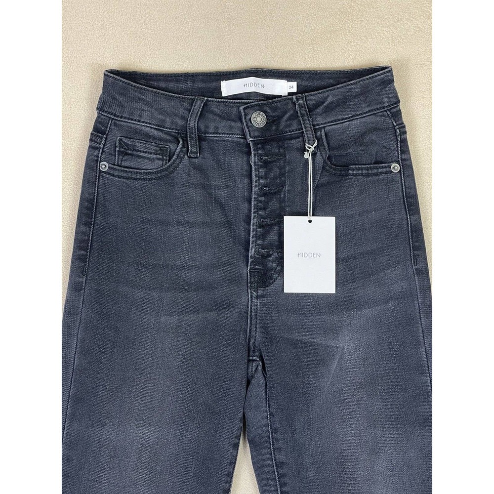 Hidden Happi Crop Flare Jeans Womens 24 Black Button Fly Pockets NWT - Picture 2 of 14
